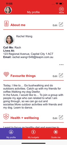 My profile screen of the Leap in! app