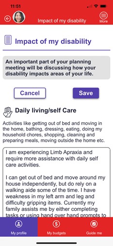 Impact of my disability screen of the Leap in! app