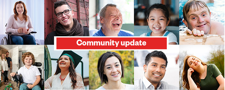 A red and white banner reading Community Update sits in the middle of 2 rows of 5 images of people smiling.