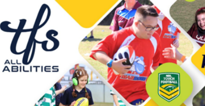 TFS All Abilities logo showing tiles of people of all abilities playing touch football and having fun.