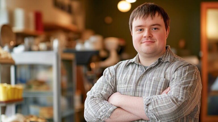 A young man standing in a cafe