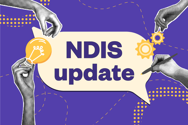 Purple graphic showing hands holding a lightbulb in a speech bubble that says NDIS update