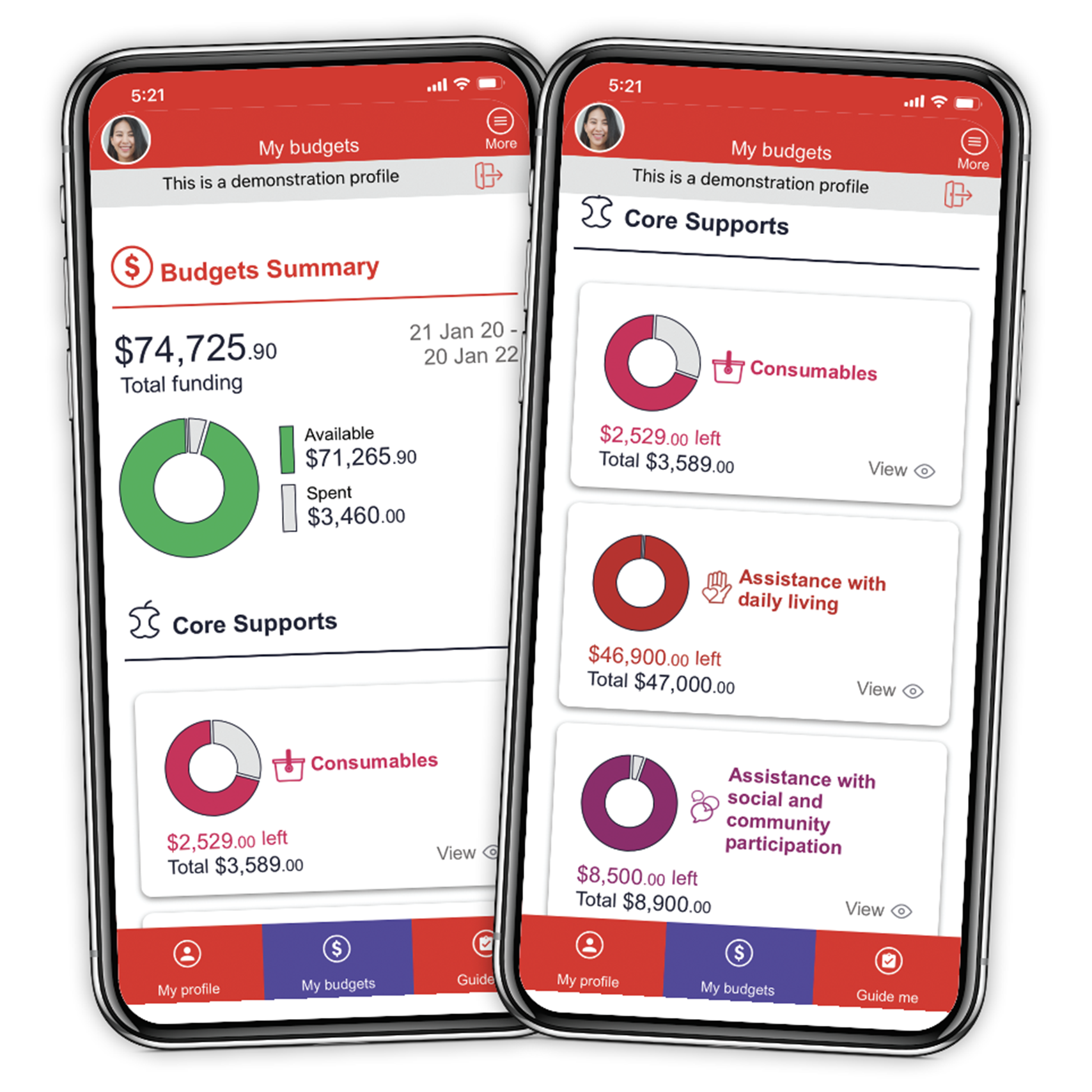 Leap in! app screens showing budget spending