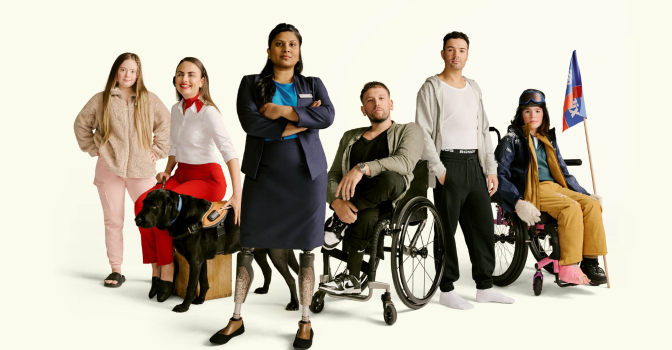 Six people with disability standing in a triangle formation with a white background.